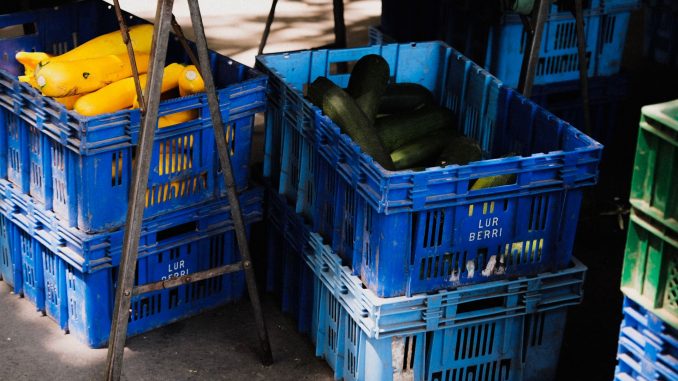 Blå plastbackar med gul squash och zucchini vid ett marknadsstånd